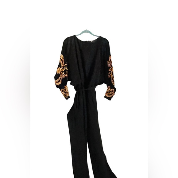 Black Silk Chiffon Jumpsuit with Gold Beaded Batwing Sleeves | Esé Azénabor - Picture 6 of 9